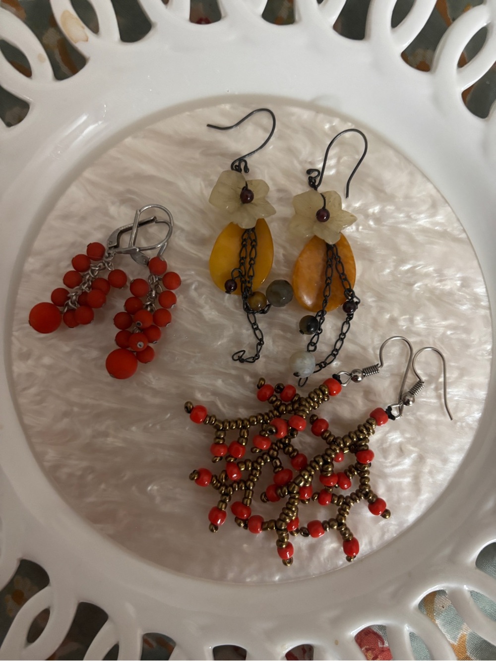 Handmade Yellow Flower and Red Bead Women's Earrings Lot